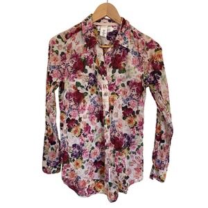 HM LOGG Womens Floral Button Down Shirt Pink Purple Cotton Long Sleeve Size 6